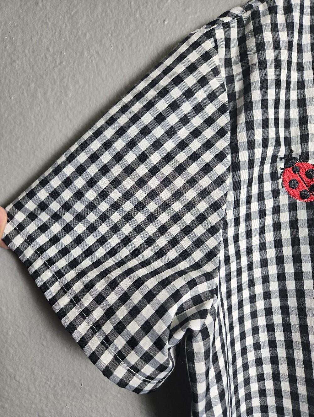 Black & White Gingham Button-Down Shirt with Ladybug Embroidery Size Large - Picture 2 of 16